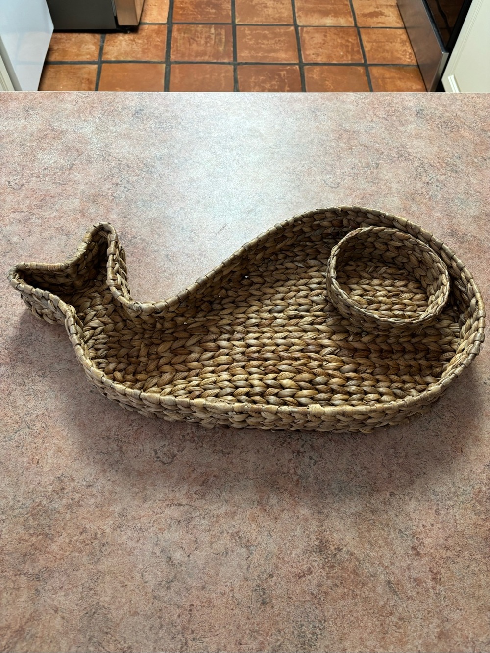 Woven Seagrass Whale Tray with Small Round Insert chip and dip